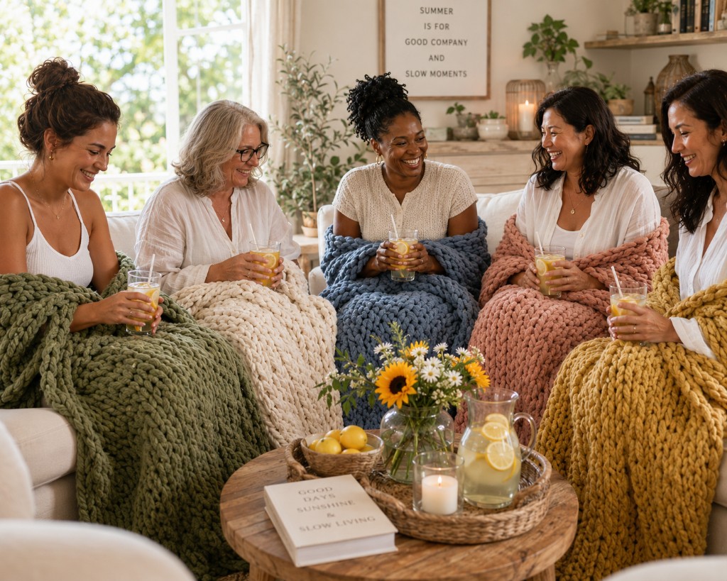 Women wrapped in chunky knit blankets enjoying a cozy creative gathering